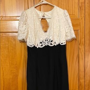 Lace bodice, black crepe skirt formal dress.